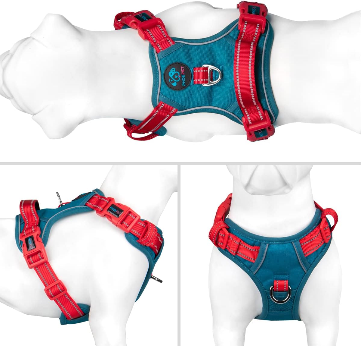 PHOEPET No Pull Dog Harness, Unique Colors Reflective Adjustable Dog Vest, with Soft Training Handle Metal Clips for Small Medium Large Dogs (Teal Base & Red Straps,XS)