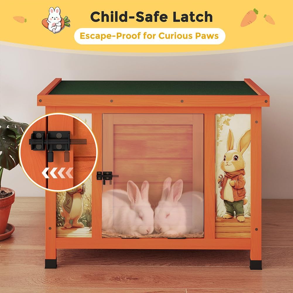 COZIWOW 24in Wooden Cat House Outdoor & Indoor Pet Shelter with Foldable Ramp - Weatherproof Rabbit Hutch with Unique Machine-Printed Art Designs for Cat, Rabbit, Guinea Pig (Orange)