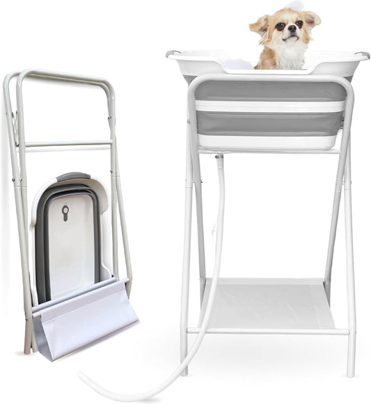 CYGNE 2-in-1 Dog Bathtub & Washing Station, Elevated Collapsible Bathtub with Drainhole & Storage Rack, Foldable Portable Indoor/Outdoor Pet Bathing & Grooming for Small Dogs Cats