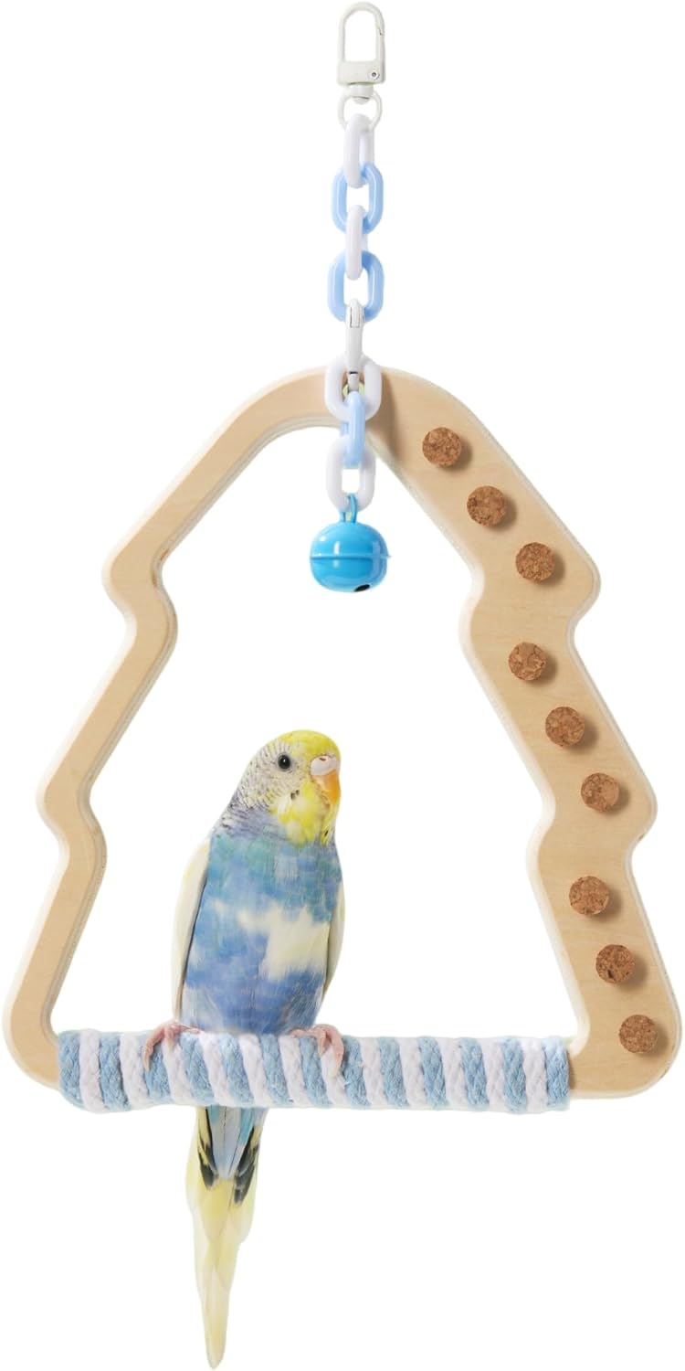 Natural Bird Swing - Moon-Shaped Parrot Perch with Bell and Cork Toys, Spinning Wooden Stand for Parakeets, Budgies, Lovebirds and Small/Medium Birds (White + Blue)