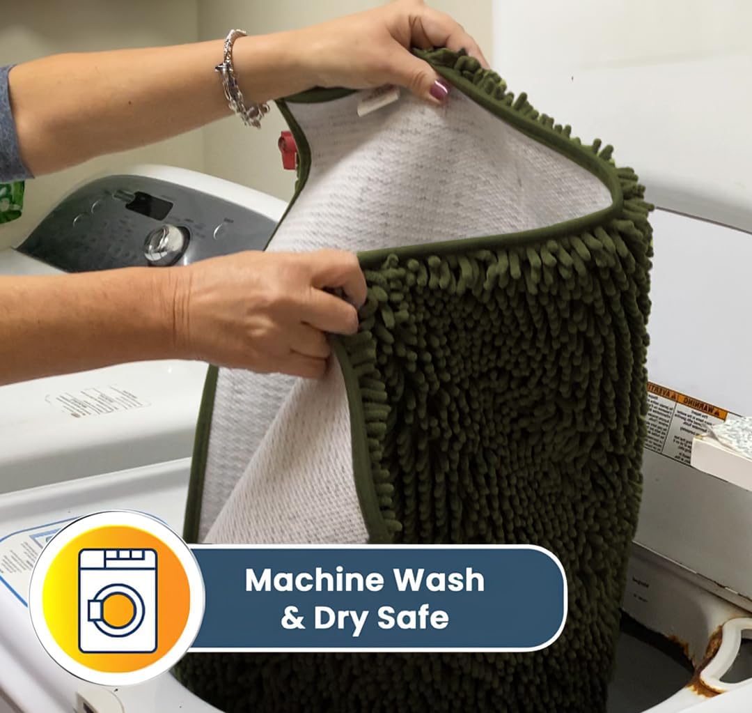 Muddy Mat® AS-SEEN-ON-TV Highly Absorbent Microfiber Door Mat and Pet Rug, Non Slip Thick Washable Area and Bath Mat Soft Chenille for Kitchen Bedroom Indoor and Outdoor - Army Green 24" x 96"