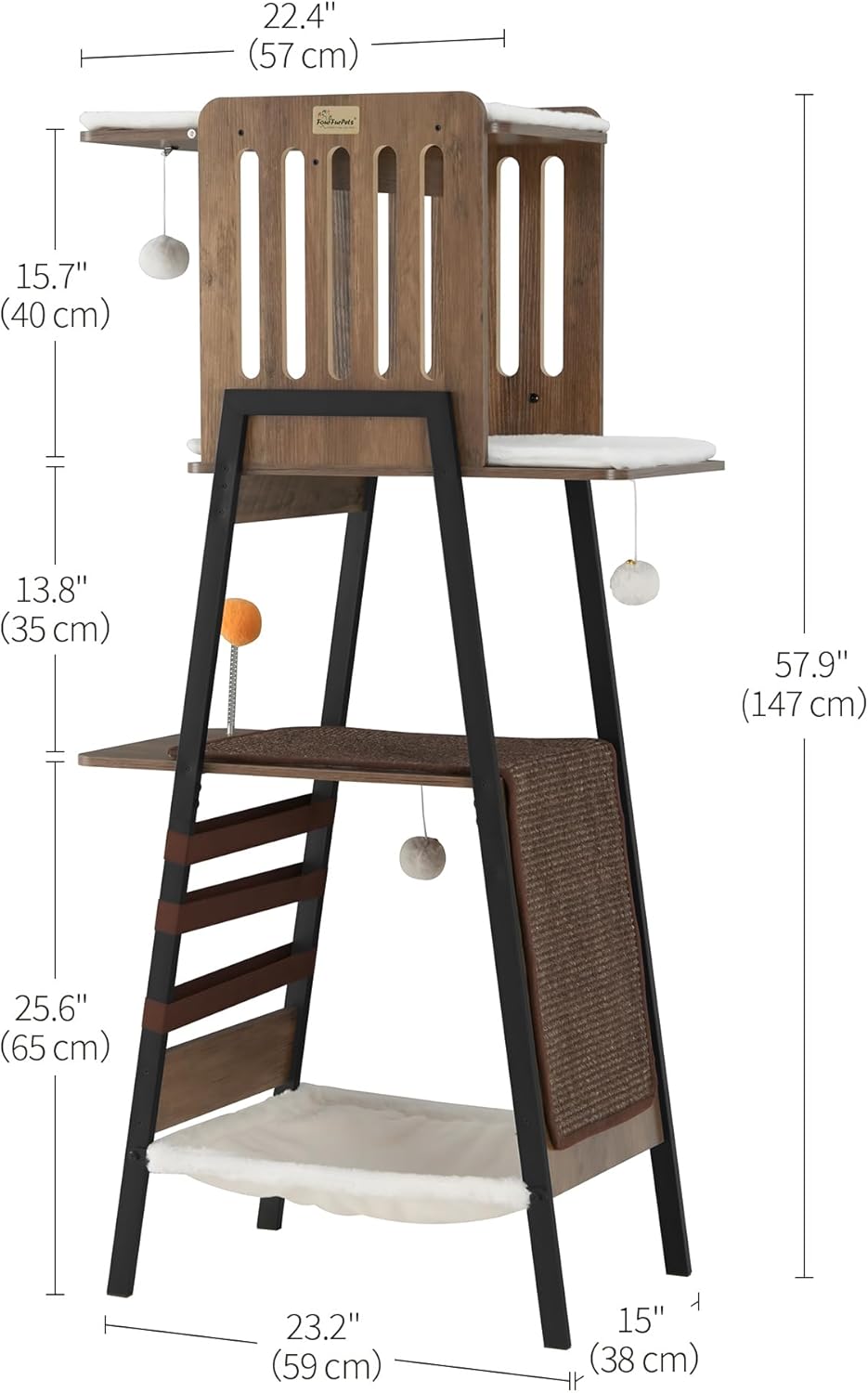 FourFurPets Modern Cat Tree, 58-Inch Cat Tower for Large Cats, Maine Coon Cat Tree with Scratching Board, Large Perch, Hammock and Removable Pads, Greige
