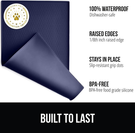 GORILLA GRIP 100% Waterproof Raised Edge BPA Free Silicone Pet Feeding Mat, Dog Cat Food Mats Contain Spills Protects Floors, Placemats for Cats and Dogs Water Bowl, Pets Accessories 16x10, Navy