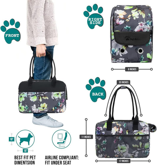 PetAmi Dog Purse Carrier for Small Dogs, Airline Approved Soft Sided Pet Carrier with Pockets, Ventilated Dog Carrying Bag for Puppy Cat, Dog Travel Supplies Bag, Sherpa Bed, Max 12 lbs, Floral Gray
