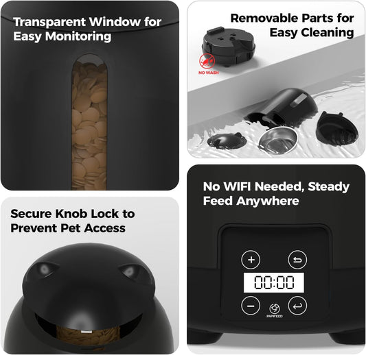 PAPIFEED Automatic Cat Feeder, 3L Timed Cats Food Dispenser with Dual Power Supply, Auto Pet Feeder with Programmable Portion Control for Cats and Small Dogs, Black