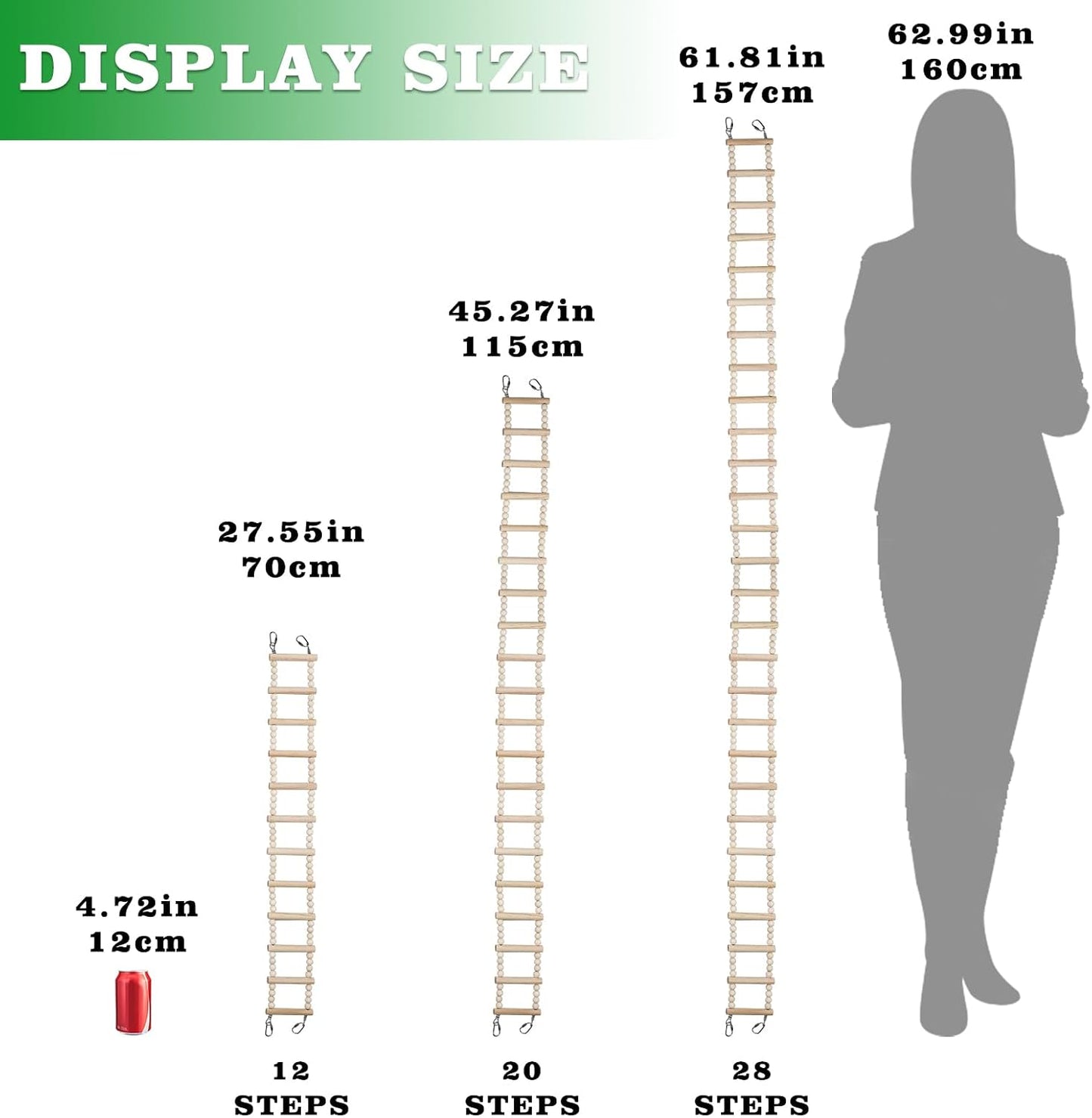 Long Bird Ladder with Wooden Rungs and Beads, Parakeet Climbing Swing Toys, Bird Cage Accessories, Wooden Climbing Bridge Toys for Parrots, Rat, Sugar Gliders, Squirrels, Snakes