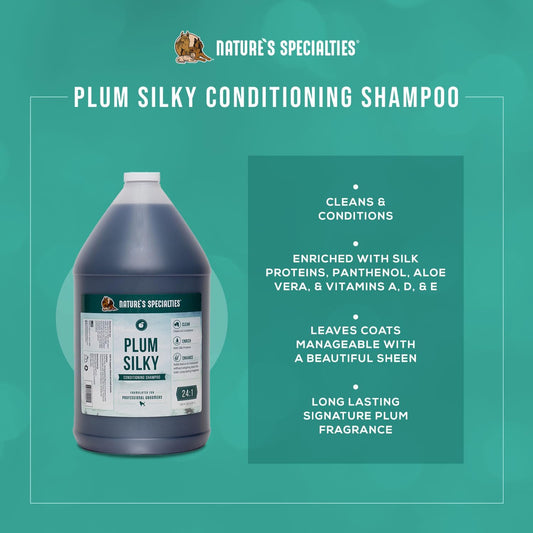 Nature's Specialties Plum Silky Ultra Concentrated Dog Shampoo Conditioner, Makes up to 24 Gallons, Natural Choice for Professional Pet Groomers, Silk Proteins, Made in USA, 1 gal