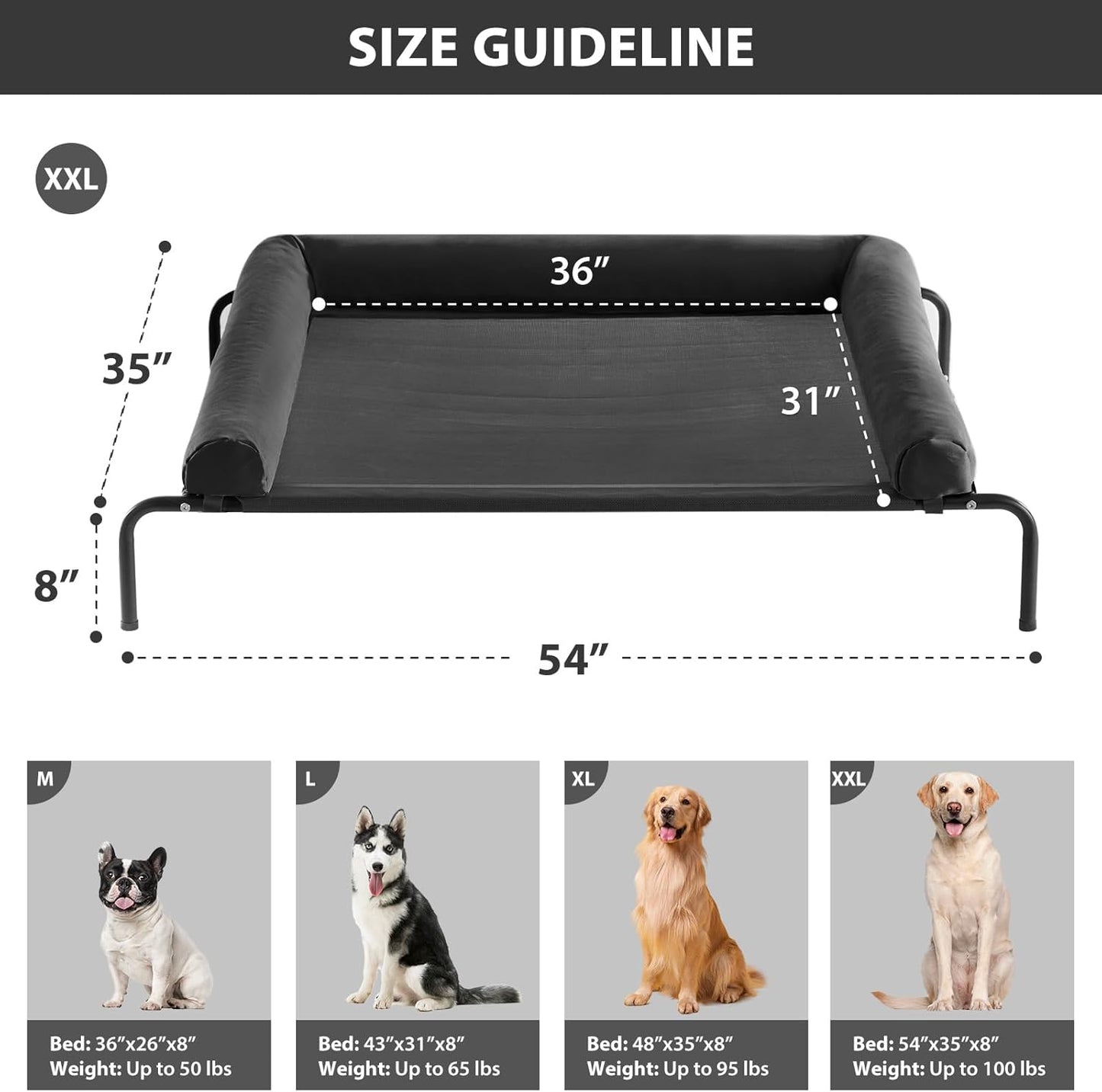 RRPETHOME Large Elevated Cooling Dog Bed, Raised Dog Cot Beds for Large Dogs, Elevated Outdoor Pet Cot, Chew Proof Portable Cooling Pet Cot with Skid-Resistant Feet and Breathable Mesh