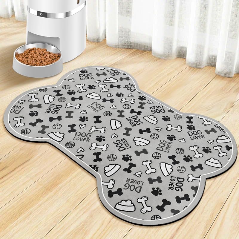 Dog Food Mats for Floors Waterproof, Pet Feeding Absorbent Water Bowl Mat Cat Placemats Gray Bone Shape 23.6 * 15.7 inch