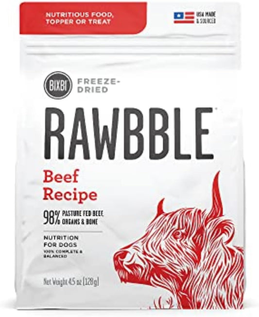 BIXBI Rawbble Freeze Dried Dog Food, Beef Recipe, 4.5 oz - 98% Meat and Organs, No Fillers - Pantry-Friendly Raw Dog Food for Meal, Treat or Food Topper - USA Made in Small Batches