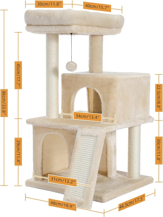 PAWZ Road Cat Tree Luxury Cat Tower with Double Condos, Spacious Perch, Fully Wrapped Scratching Sisal Posts and Replaceable Dangling Balls Beige