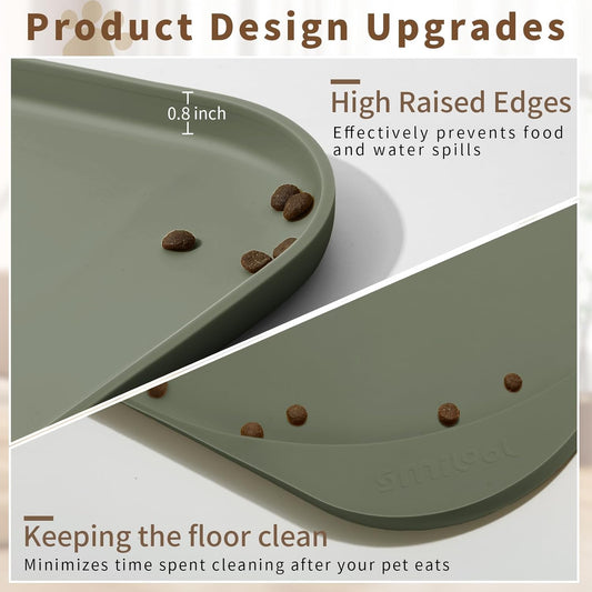 Silicone Pet Feeding Mat with Raised Edge & Residue Collection Pocket for Food and Water, Dog Bowl Mats, Cat Bowls Placemat with High Lip for Floor Waterproof, 24 x 16 x 0.8 Light Olive Green