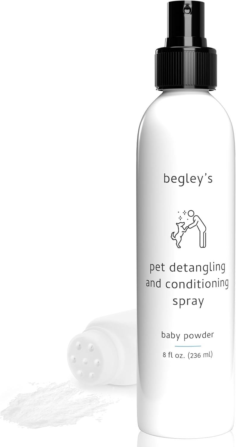 Begley's Pet Detangling Spray - Premium Essential Oil Scented Detangler Spray for Dogs, Puppies & Cats - Dog Leave in Conditioner Spray - Dematting Spray for Dogs & Pets - 8 oz, Baby Powder