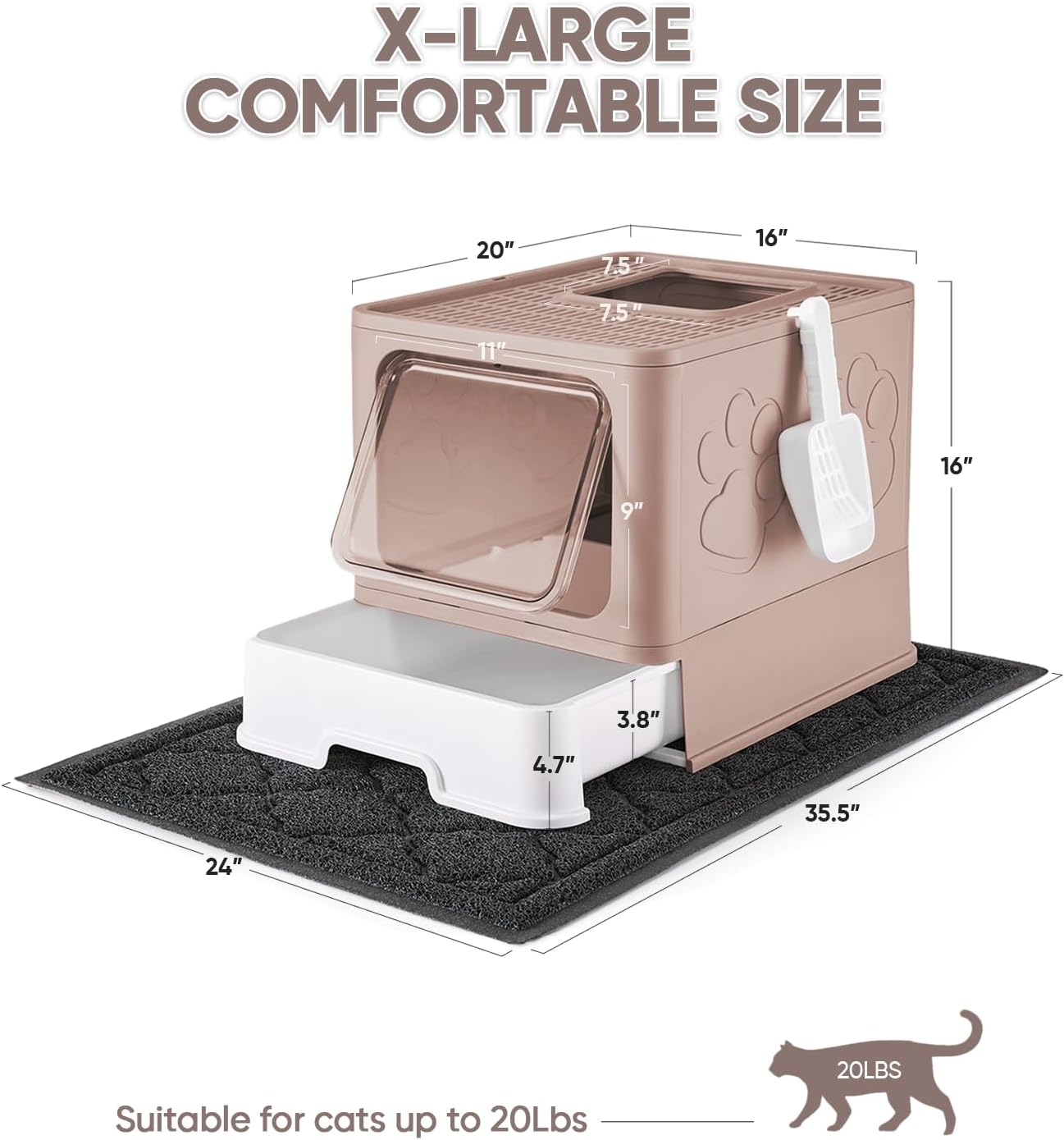 Cat Litter Box with X-Large Litter Mat and Scoop, Large Foldable Litter Box with Lid, Enclosed Kitty Box,Front Top Entry Exit, Odor Control Easy to Clean (Upgrade Coffee)