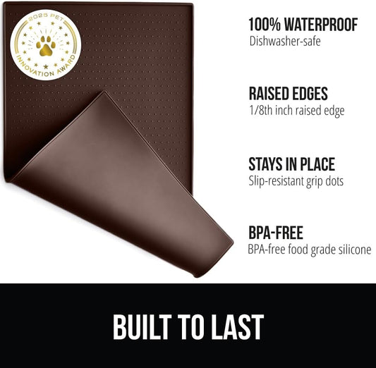 GORILLA GRIP 100% Waterproof Raised Edge BPA Free Silicone Pet Feeding Mat, Dog Cat Food Mats Contain Spills Protects Floors, Placemats for Cats and Dogs Water Bowl, Pets Accessories 18.5x11.5 Brown