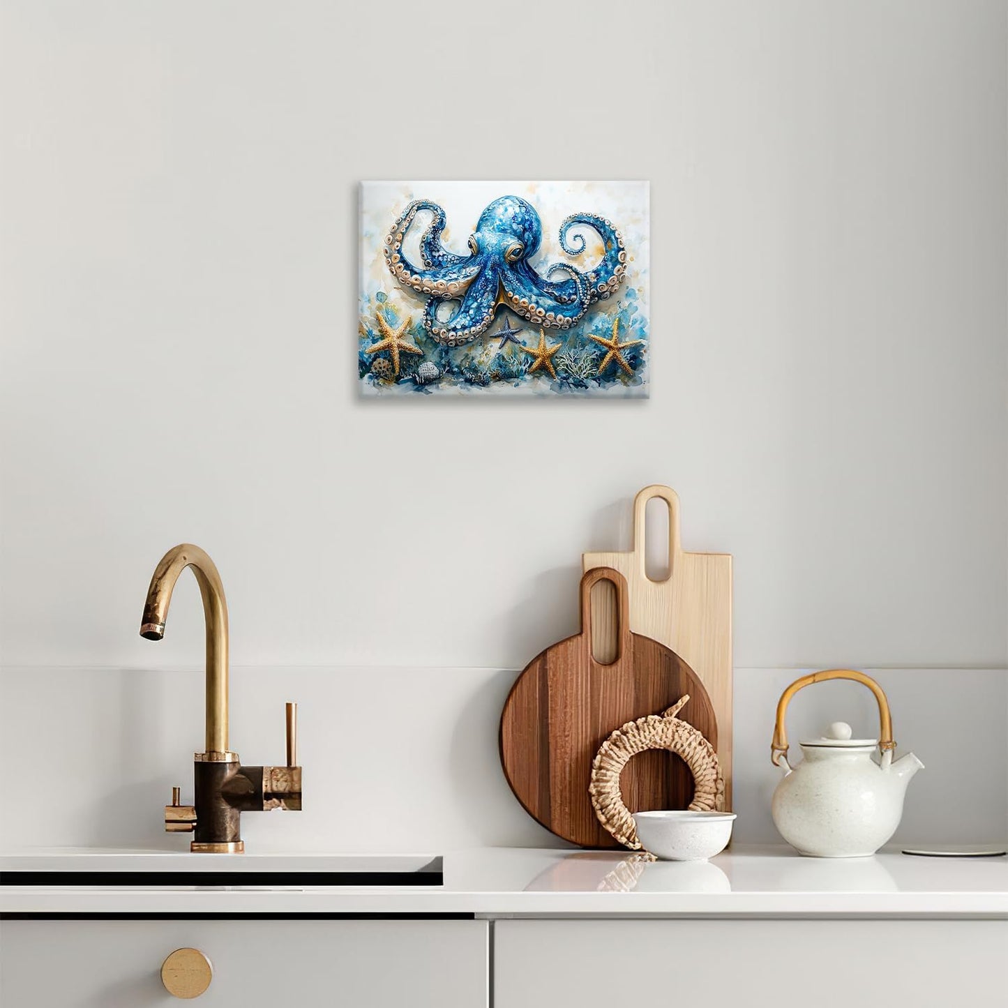 Octopus Bathroom Pictures Wall Art, Sea Animal Ocean Bathroom Wall Decor, Nautical Framed Painting Canvas Artwork for Bedroom Living Room Decorations 16"L x 12"W