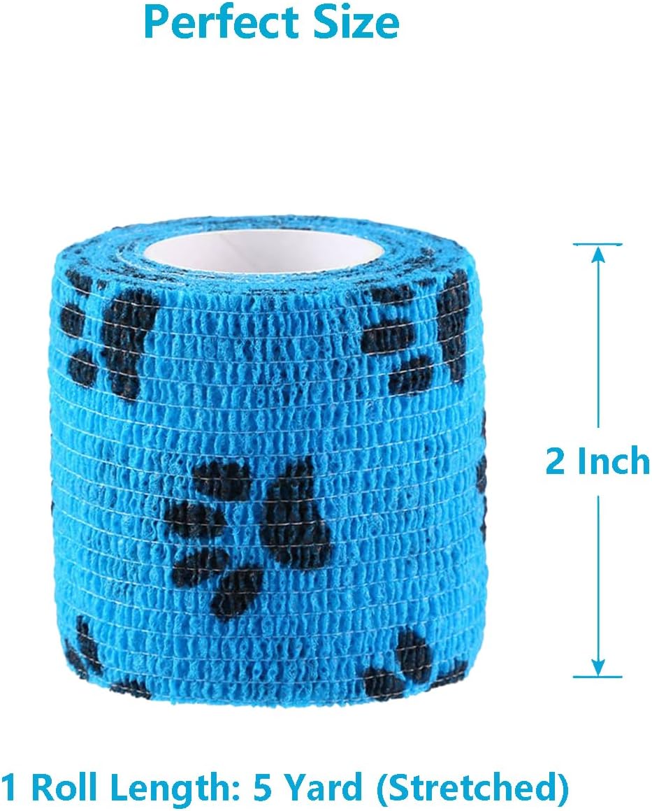 WePet Pet Wrap, Self-Adhesive, Only Sticks to Itself, Non-Woven Tape for Dog Legs, Paws, Wounds, First Aid Cohesive Gauze for Horse, Cat, Bird, Animal, 6 Rolls, 2 Inch, Pawprints A