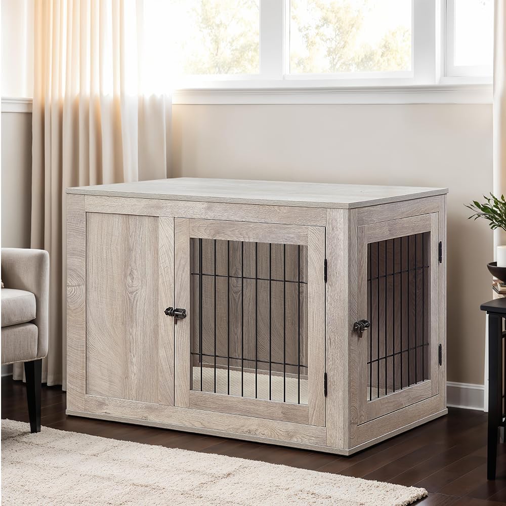 unipaws 30 Inch Furniture Style Dog Crate for Small Dogs, Indoor Puppy Kennel with Door, Decorative Wood Wire Pet House Dog Cage, Pretty Cute End Side Table Nightstand, Weathered Grey