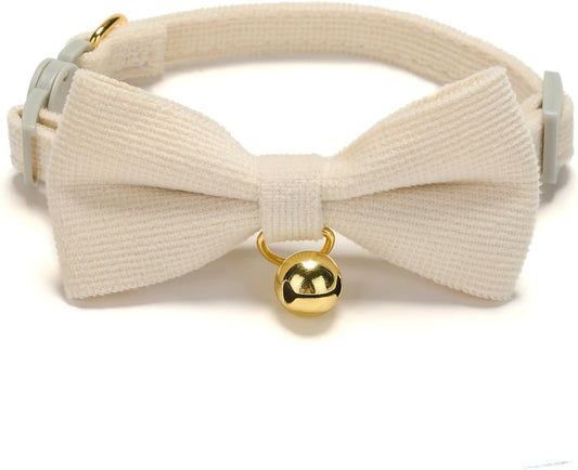 2 Pack Soft Corduroy Cat Collars with Bow Tie & Bell, Adjustable Breakaway Cotton Kitty Bowtie Collar for Female Male Cats(White & Blue)