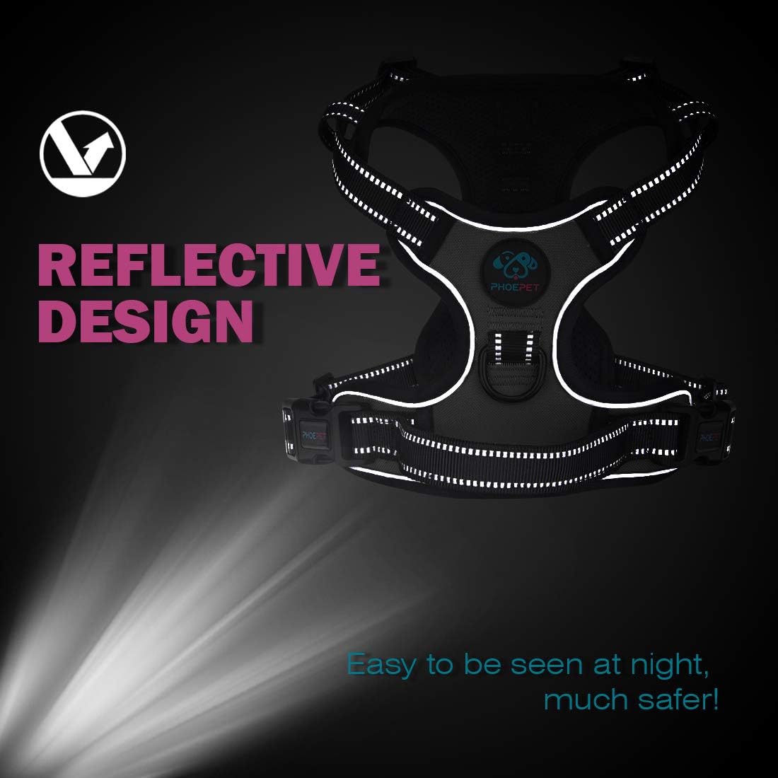 PHOEPET No Pull Dog Harness Reflective Adjustable with 2 Metal Leash Hooks and Soft Training Handle [Over The Head Design](XL, Baby Blue)