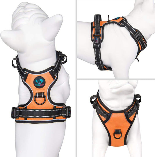 PHOEPET No Pull Dog Harness Medium Reflective Front Clip Puppy Vest with Handle,Adjustable 2 Metal Leash Attachment Hooks(M, Orange)