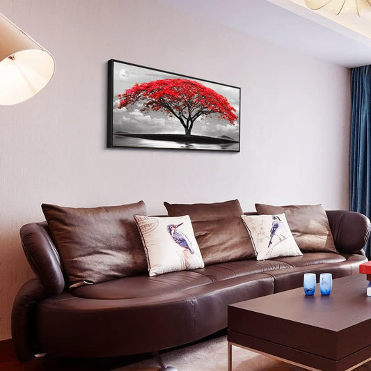 Framed Canvas Wall Art For Living Room Bathroom Wall Decor Black And White Landscape Red Tree Moon Scenery Hang Painting Home Decorations For Office Bedroom Kitchen Works Canvas Prints Pictures
