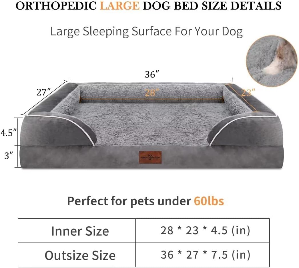 Comfort Expression Cooling Dog Bed for Large Dogs, Orthopedic Memory Foam Beds, Waterproof Washable Dogs Bed with Removable Cover, Pet Bed Dog Sofa with Bolster(Large,Silver Grey)
