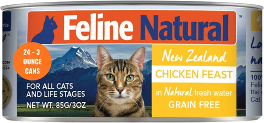 Feline Natural New Zealand Canned Catfood Wet Food, High-Meat, Low-Carb, & Grain Free Cat Food Wet, Chicken Feast, 3 oz, Pack of 24