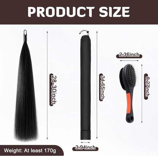 Zeyune 3 Pcs Horse Tail Extensions Set with Braided Horsehair Loop Include Ponytail Comb and Storage Bag, Natural Black for Equestrian Competitions, Horse Shows, Daily Grooming(28-30inch,3/8 lb)