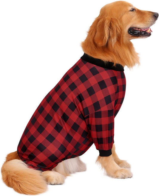 HDE Dog Pajamas One Piece Jammies Jumpsuit Pet Clothes Outfit Stretchy Lightweight Comfy Shirt Pjs for M-3XL Dogs Buffalo Plaid - M
