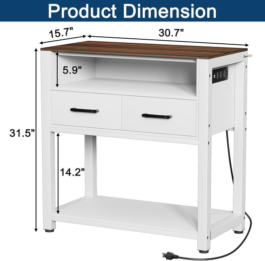 20-29 Gallon Fish Tank Stand with Power Outlet & 2 Storage Drawers, Heavy Duty Metal Frame Aquarium Stand with Waterproof Mat, 30.7" L*15.7" W Tabletop, 550LBS Capacity, White+Brown