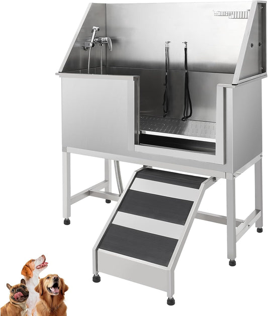 JoyJoy Stainless Steel Dog Washing Station - Dog Bath Tub for Large, Medium, Small Dogs, Pet Grooming Tub with Ramp, Non-Slip Grate, Shower, Soap Box, Faucet, Drain for Home & Outdoor（38"）