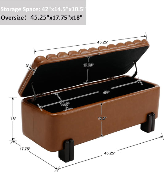 Kmax 45" Storage Bench PU Leather Entryway Bench Upholstered Ottoman Bench with Wavy Top & Safty Hinge for Bedroom Living Room Hallway, Brown