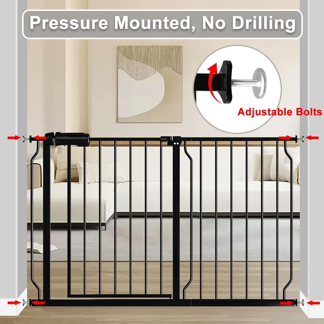 Fairy Baby Extra Wide Baby Gate 48-53 Inch Wide, Walk Through Pressure Mounted No Drill, Long and Large Tension Gate for Pet and Kids, Black