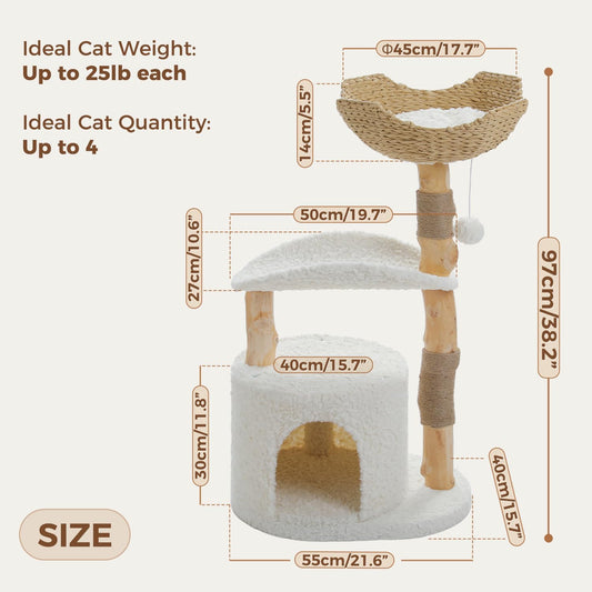 PAWZ Road Cat Tree for Indoor Cats Large Adults,38 Inches Modern Cat Tree Tower with Spacious Wicker Basket,Natural Solid Wood Scratching Posts,Curved Bed,Luxury Cat Condo for Large Cat