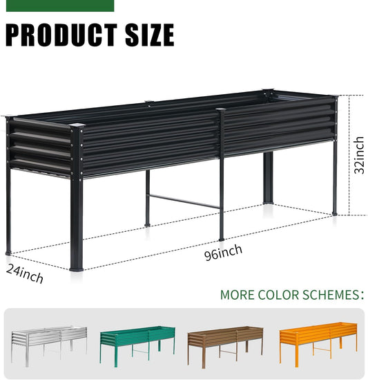 Land Guard Galvanized Raised Garden Bed with Legs, 96×24×32in Raised Garden Beds Outdoor with Drainage Holes, Planter Boxes Outdoor for Backyard, Patio, Balcony, 800lb Capacity, Gray