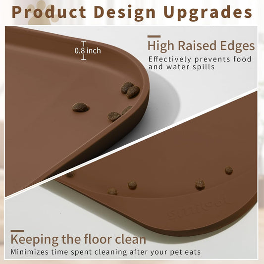 Silicone Pet Feeding Mat with Raised Edge & Residue Collection Pocket for Food and Water, Dog Bowl Mats, Cat Bowls Placemat with High Lip for Floor Waterproof, 24 x 16 x 0.8 Brown