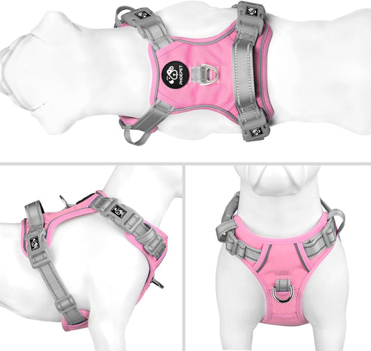 PHOEPET No Pull Dog Harness, Unique Colors Reflective Adjustable Dog Vest, with Soft Training Handle Metal Clips for Small Medium Large Dogs (Baby Pink Base & Grey Straps,S)