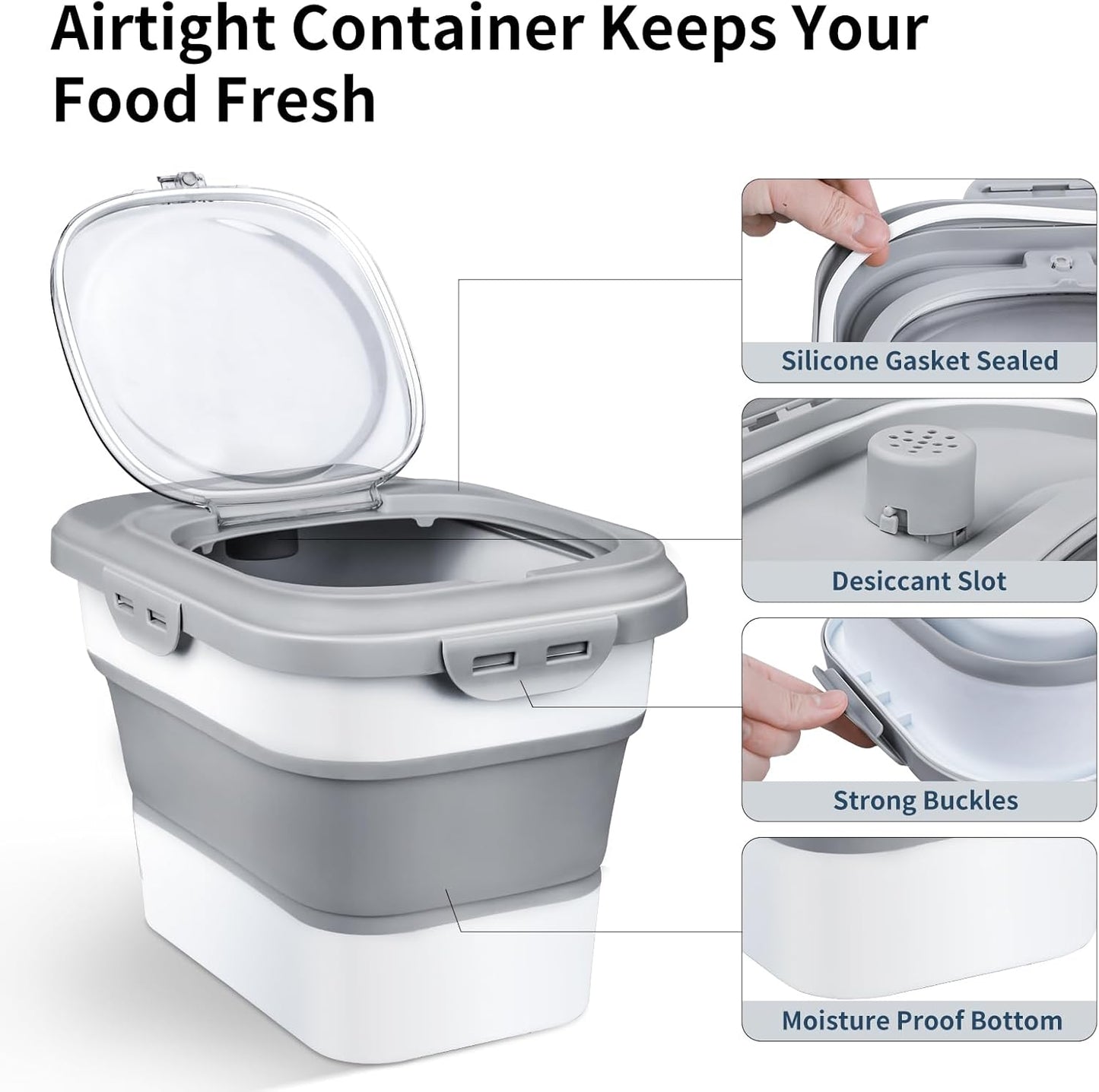 Rice Storage Container, Collapsible Airtight Food Storage Containers 6-20 Lbs, Rice Dispenser with Measuring Cup and Small Bin for Flour Cereal Pasta Grain, Cat Pet Dog Bird Food Container