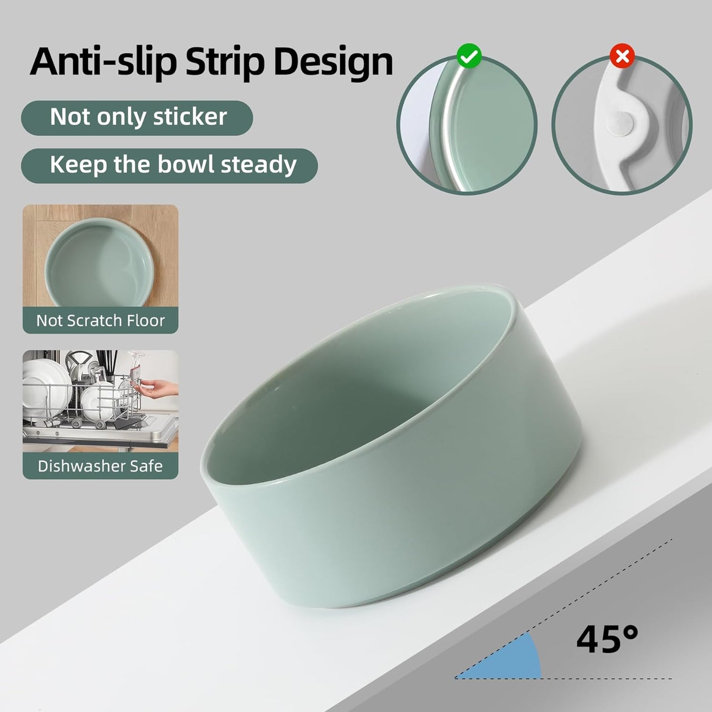 Ceramic Elevated Dog Bowls, Food and Water Bowls for Dogs, Puppy, Raised Dog Dish, Pet Feeder(6inch, 2 x Light Green + Stand)