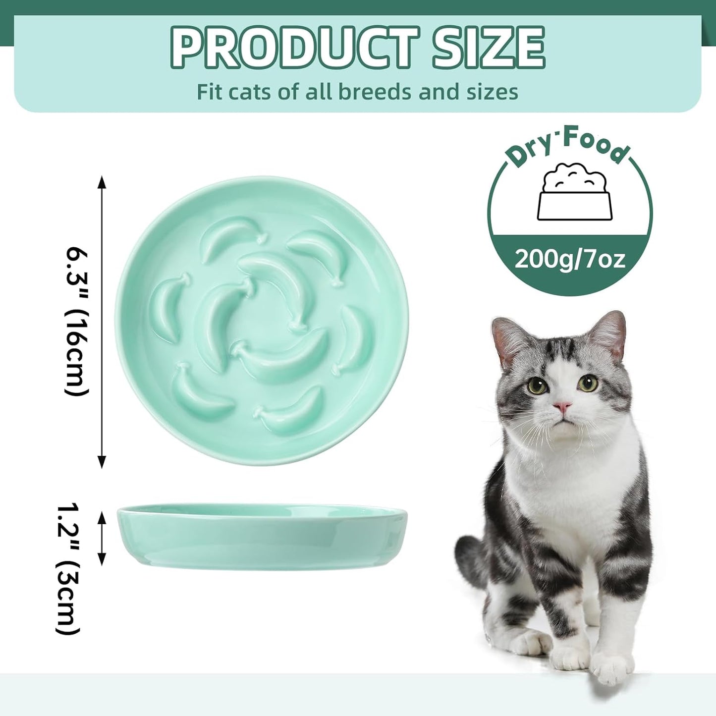 Ceramic Cat Slow Feeder Bowl - Pastel Series Cat Plate for Dry and Wet Food - Cute Maze Feeder Dish for Healthy Eating - Dishwasher Safe - 6.3''W x 1.2''H - 7 OZ - Mint Green