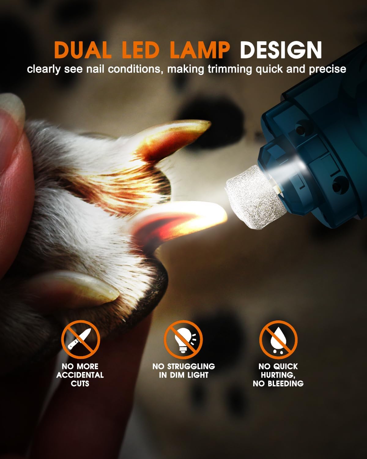 Dog Nail Trimmers and Dog Nail Clippers Kit, Whisper Quiet Electric Grinder with Light, for Small, Medium, Large Dogs, Cats Toenail Grooming, 3 Speeds