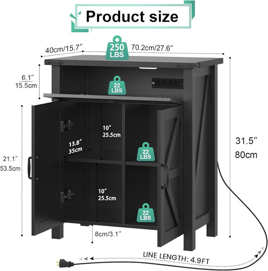 20 Gallon Aquarium Stand With Charging Station, Farmhouse Fish Tank Stand, Reptile Tank Stand Terrarium Stand with Drawer and Cabinet Storage, Sturdy Heavy Duty 27.6"×15.7" Tabletop - Black
