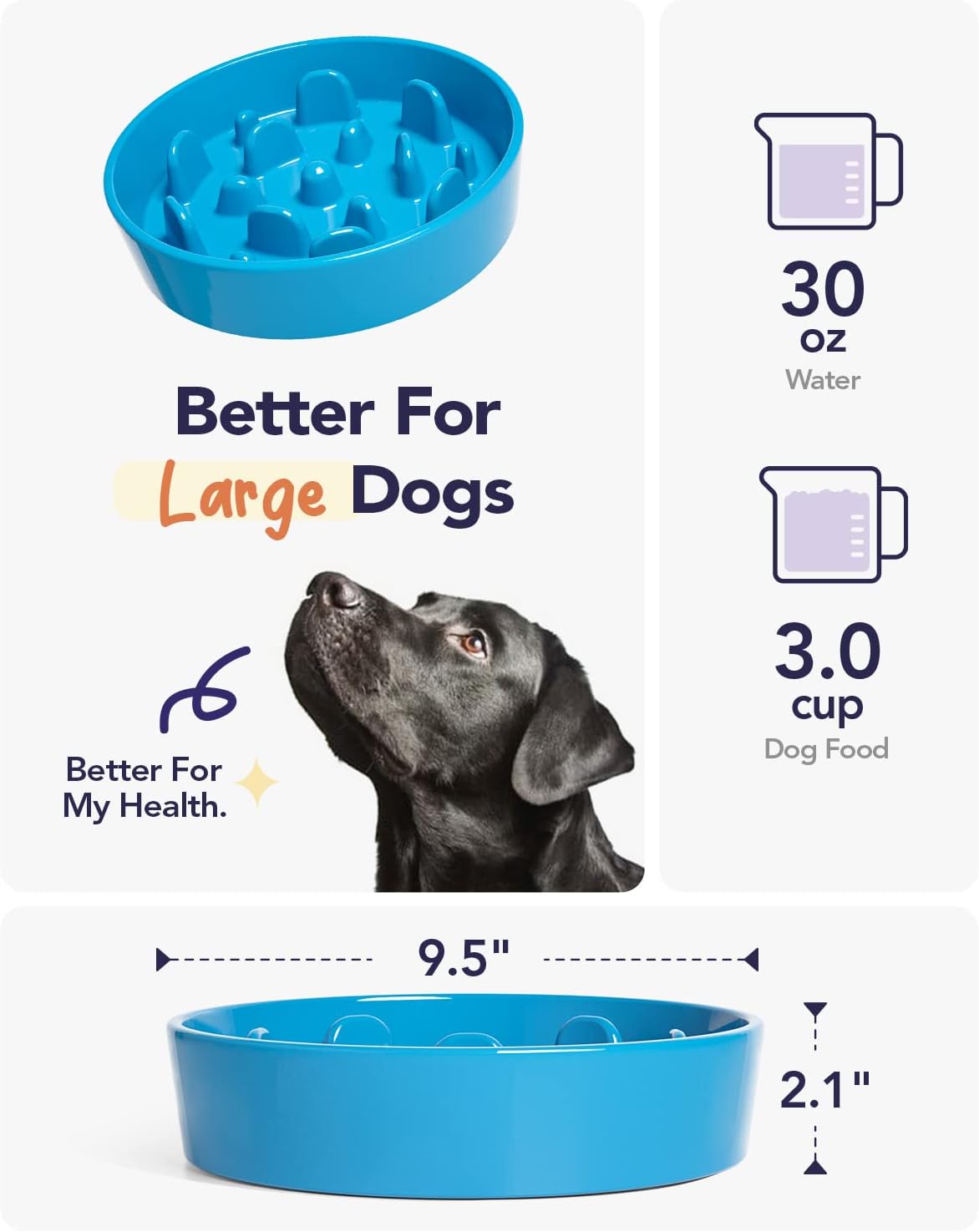 LE TAUCI Slow Feeder Dog Bowls Ceramic, 3 Cups Slow Feeding Dog Bowl Medium Large Breed, Puzzle Pet Dishes,Vortex Blue