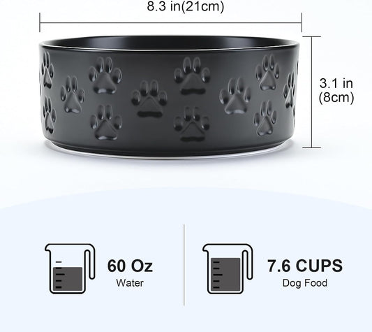SPUNKYJUNKY Ceramic Dog Bowls 2 Pack, 8.3'' Dog Food Water Double Feeding Bowls Non-Slip for Medium to Large Sized Breed Microwave Dishwasher Safe - 60 OZ, 2pcs, Paw Black