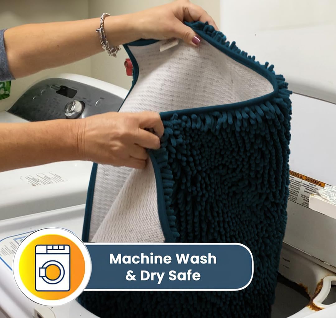 Muddy Mat® AS-SEEN-ON-TV Highly Absorbent Microfiber Door Mat and Pet Rug, Non Slip Thick Washable Area and Bath Mat Soft Chenille for Kitchen Bedroom Indoor and Outdoor - Atlantic Blue 3ft x 8ft