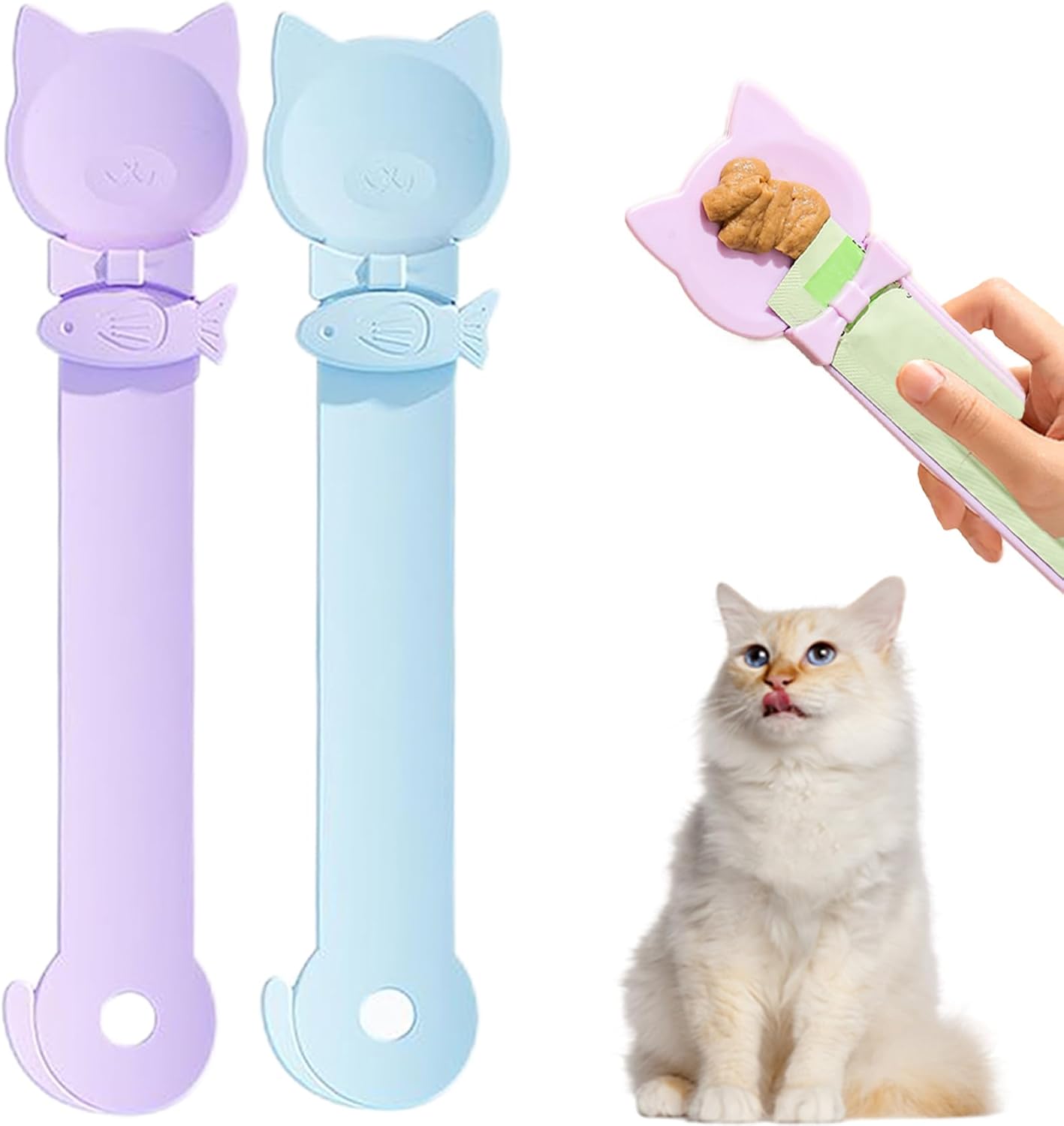 PETPAWLOVELY-2PCS Cat Treat Spoon Squeeze,Cat Strip Feeder Spoon,Multi-Function Dispenser Tool,Easy Feeding Spoon for Licky Treats,Pet Food Spoon for Wet Food(2 Color)