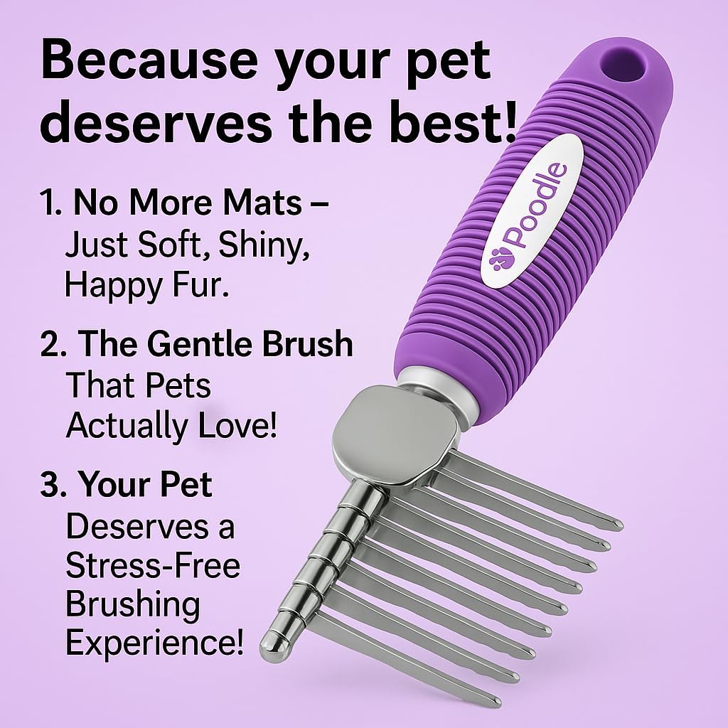 Poodle Dematting Fur Rake Comb Brush for Dogs and Cats - Long 2.5" Steel Safety Blades Metal Comb for Detangling Matted or Knotted Undercoat Hair
