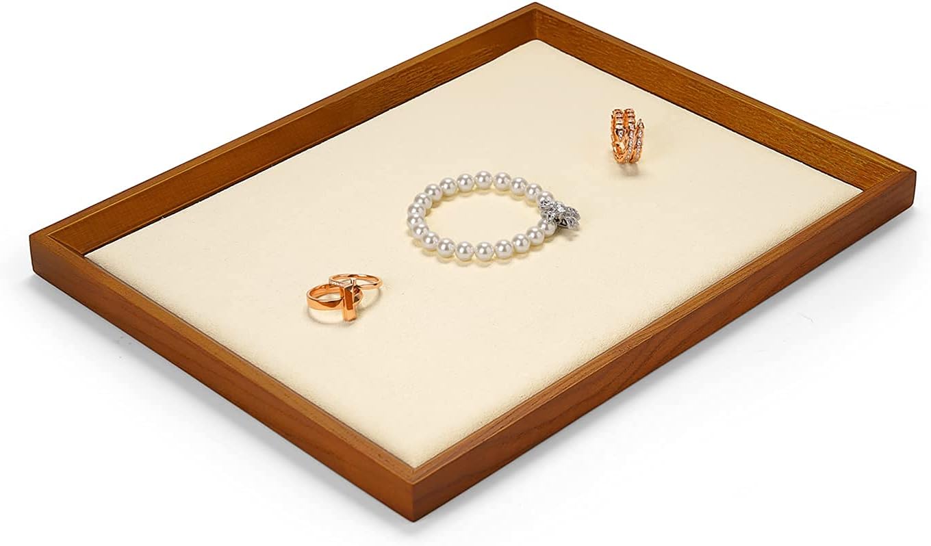 Oirlv Solid Wood Flat Jewelry Tray, Rectangle Jewelry Display Tray, Drawer Dresser or Nightstand Organizer, Microfiber Valet Plate, Catchall Plate(Creamy-White, Large)