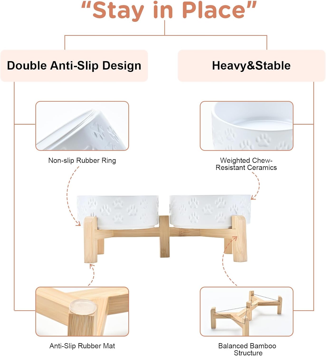 SPUNKYJUNKY Elevated Dog Bowls Ceramic, 5.1'' Dogs and Cat Food Water Bowls Raised with Non-Slip Bamboo Stand for Puppy Small Sized Breed Microwave Dishwasher Safe - 13.5 OZ,Paw White